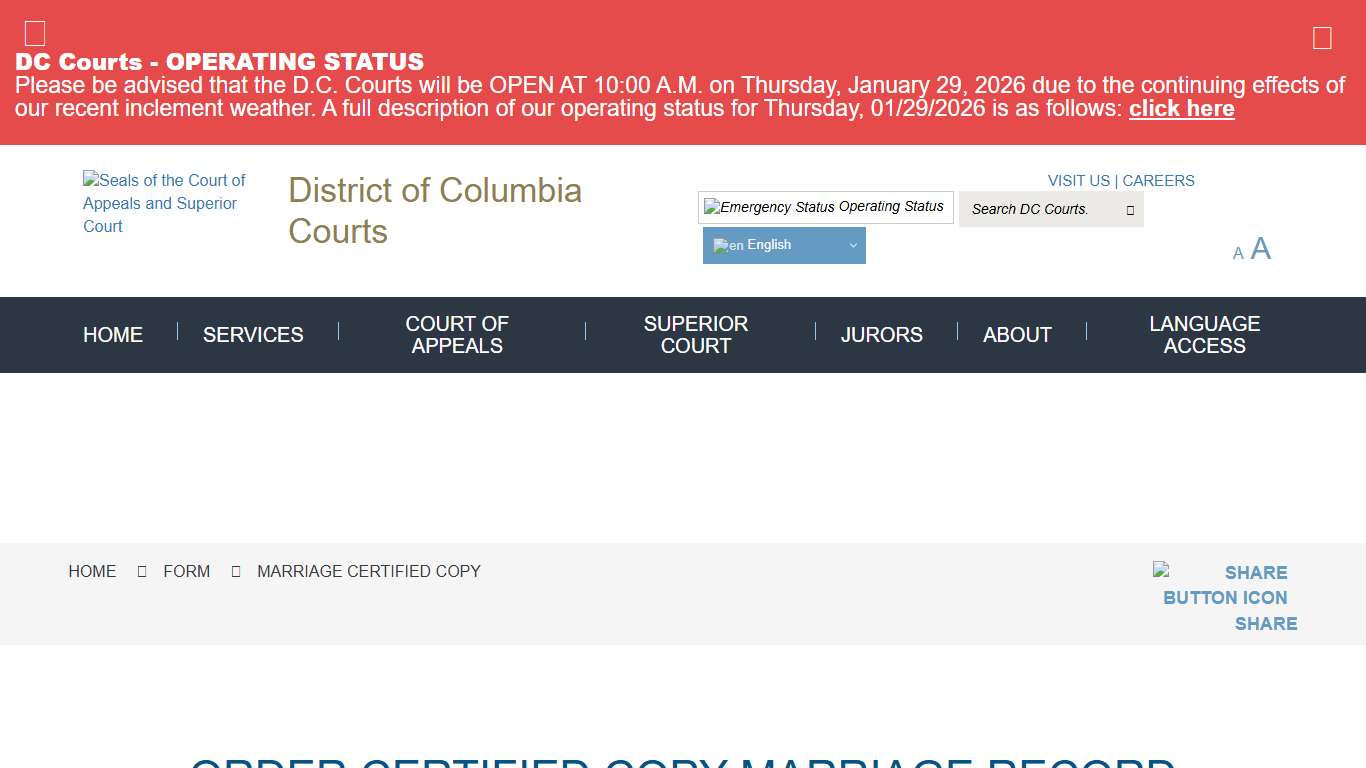 Marriage Certified Copy District of Columbia Courts
